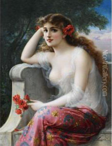 Young Beauty With Poppies Oil Painting - Emile Vernon