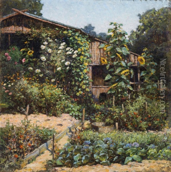 Farm Garden Oil Painting - Konstantin Stoitzner