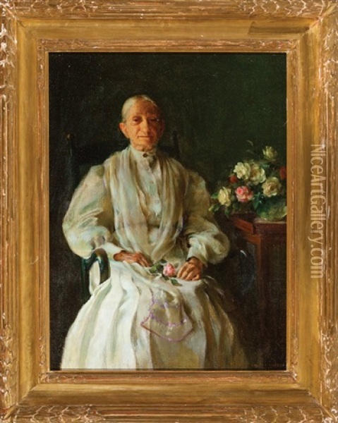 Portrait Of A Seated Woman With Flowers Oil Painting - Charles Courtney Curran