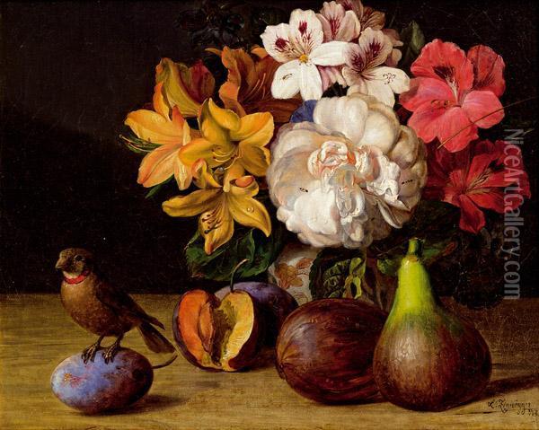 Stillleben Mit Blumen, Obst Und Vogel Oil Painting - Leopold Zinnogger