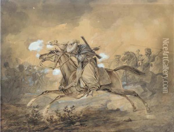 An Egyptian Horseman Blowing Up A
 Gun, The French Infantry Fightingthe Egyptians In The Background Oil Painting - Carle Vernet