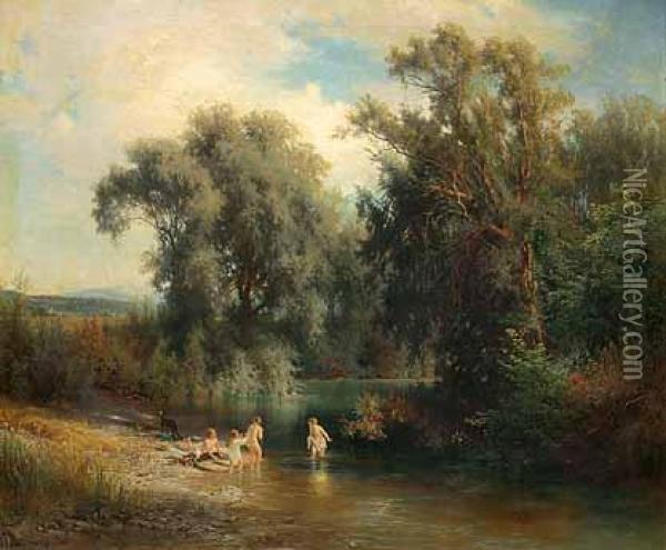 Badende Kinder Im Ammertal Bei Pahl. Oil Painting - Johann Friedrich Hennings