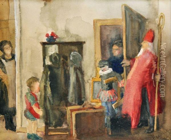 Na Svateho Mikulasa Oil Painting - Jozef Hanula