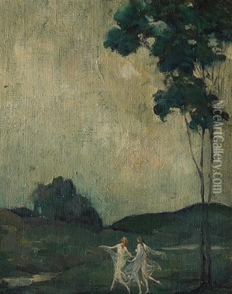 Three Girls Dancing In A Landscape Oil Painting - Arthur B. Davies