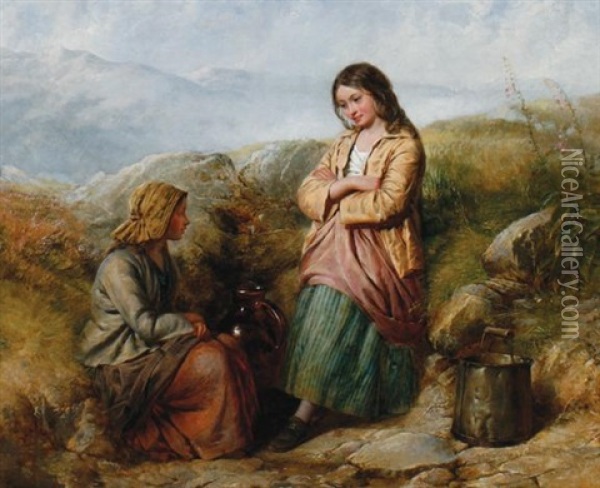 Country Girls Collecting Water Oil Painting - Edward John Cobbett