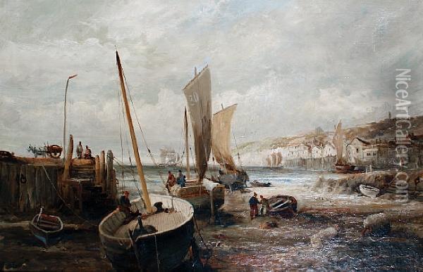 A Busy Harbour Scene At Low Tide Oil Painting - William Edward Webb