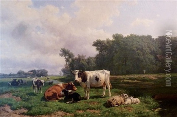 Vaches Et Jardinier Au Bord De La Riviere Oil Painting - Hendrik Savry