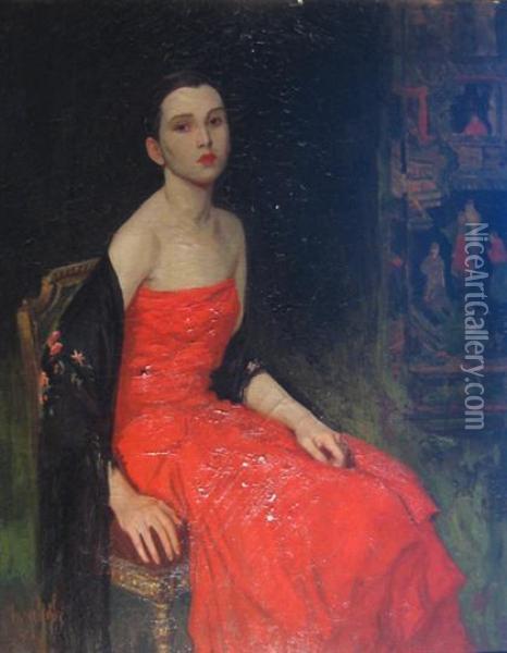 Portrait Of Sally Gibbs (mcclure) In Red Dress Oil Painting - George Gibbs