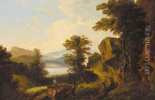 A traveller on a wooded track, a loch beyond Oil Painting - Scottish School