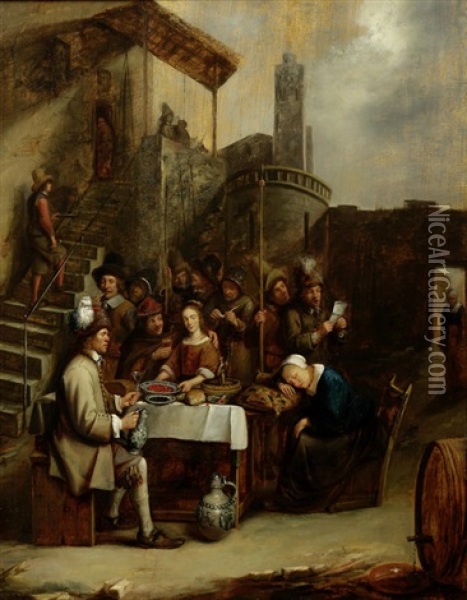 Townsfolk Eating And Drinking Outside A Tavern Oil Painting - Joos van Craesbeeck