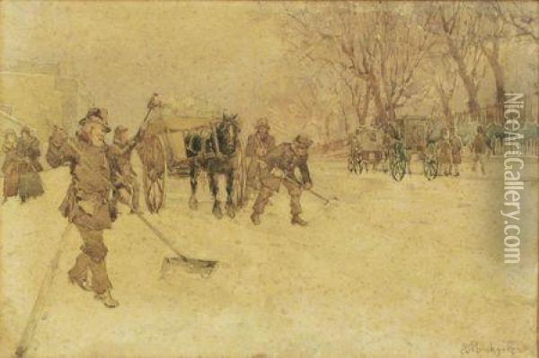 Clearing The Snow Oil Painting - P.E. Rischgitz