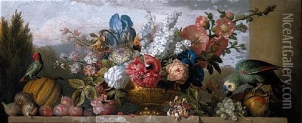 Still Life Of Flowers With Honeysuckle, A Daffodil, An Iris And Other Flowers In A Bronze Urn, Together With Pomegranates, Plums, Figs, Grapes And A Melon, All Resting On A Stone Ledge With A Parrot Oil Painting - Jakob Bogdani