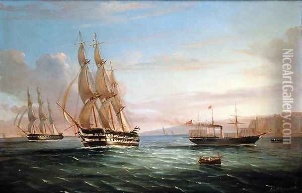 Ship from a British Squadron and Other Craft underway in the Western Reaches of the Bay of Naples Oil Painting - de Simone Tommaso