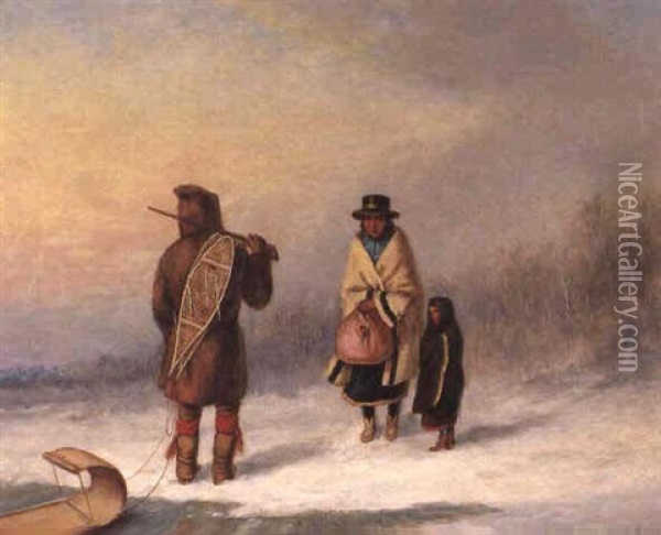 Winter Scene With Three Indians Oil Painting - Cornelius David Krieghoff