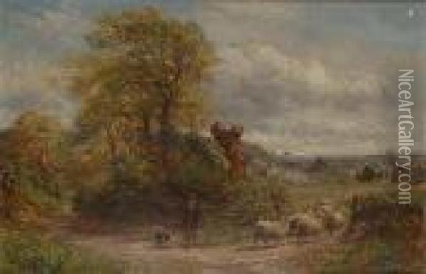Driving Sheep, Believed To Be Accross Tennel Lane, Harborne, Near Birmingham Oil Painting - Charles Thomas Burt