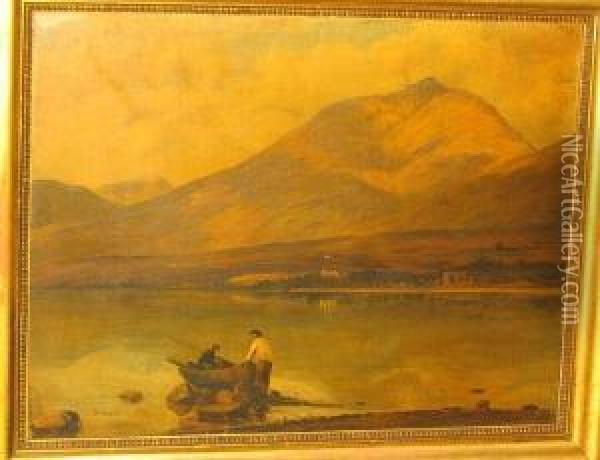 Loch Landscape With Figures In A Rowing Boat Oil Painting - Alexander Jnr. Fraser