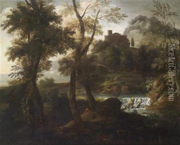 A Pair Of Arcadian Landscapes With Architecture Oil Painting - Giovanni Francesco Grimaldi