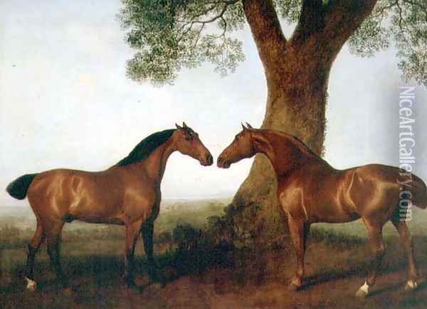 Two Bay Hunters by a Tree, 1786 Oil Painting - George Stubbs
