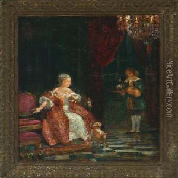 Interior With Noble Woman And A Servant Oil Painting - Hans Nicolaj Hansen