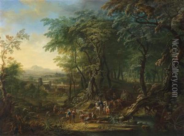 A Wooded Landscape With Travellers Oil Painting - Franz Christoph Janneck