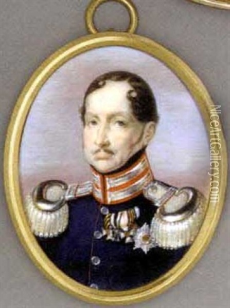 Frederick William Iii, King Of Prussia, In Dark Blue Coat With Red Piping, Silver-embroidered Red Collar And Silver Epaulettes, Black Stock, Wearing Badges ... Oil Painting - Abel Heinrich Seyffert