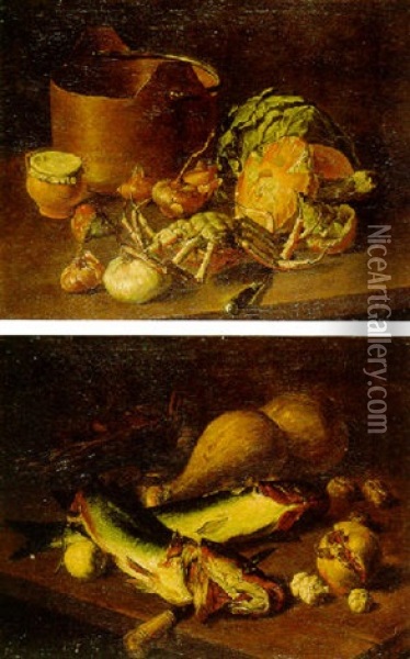 A Crab, Onions, A Covered Pot, A Copper Pan, A Cabbage, Mushrooms And A Knife On A Table Oil Painting - Jacob van der Kerckhoven
