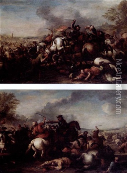 Cavalry Skirmishes Between Turks And Christians (pair) Oil Painting - Christian Reder