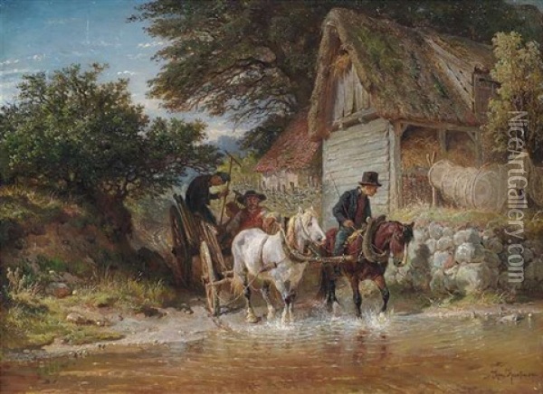 Bauernkutsche Beim Durchqueren Einer Furt Oil Painting - Hermann Kauffmann the Elder