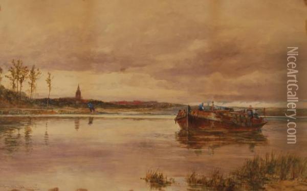 Large Barge Hauled By Rope On A Tow Path Oil Painting - Thomas Bush Hardy