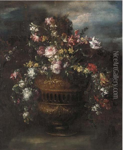 Roses, Tulips, Narcissi And Other Flowers In A Sculpted Vase In A Clearing Oil Painting - Francesco Guardi