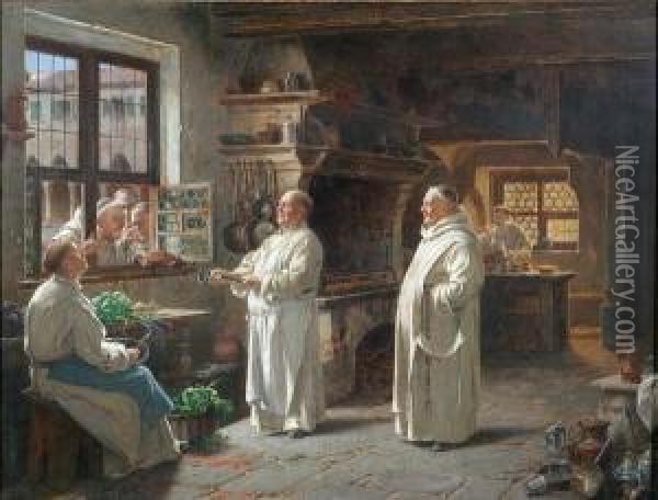 A Monastery Kitchen With Monk 
Inviting Three Others, At The Window, To Inspect Their Meal, Signed Oil Painting - Adolf Humborg