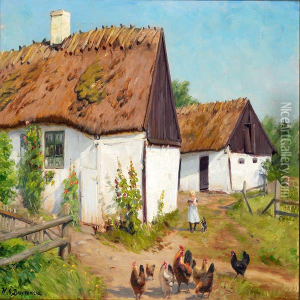 A Little Girl With A Cat And Chickens Near A Whitewashed Cottage With Thatched Roof Oil Painting - Hans Anderson Brendekilde