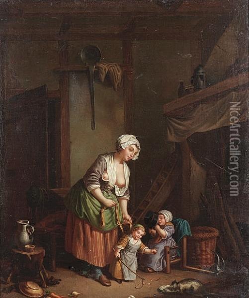 A Kitchen Interior With A Peasant Woman And Her Children Oil Painting - Jean Baptiste Greuze