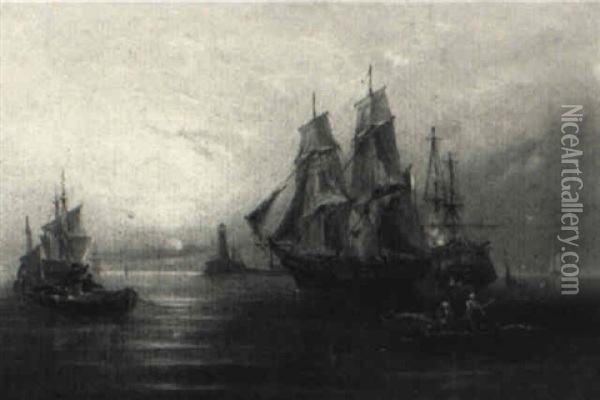 Sailboats At Dusk Oil Painting - James Hamilton