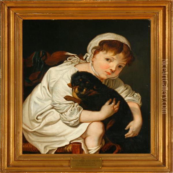 A Little Girl Playingwith A Puppy Oil Painting - Christian Albrecht Jensen