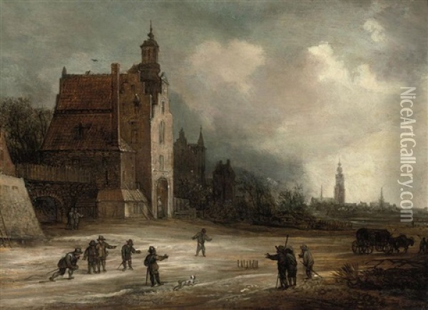 Soldiers Playing Skittles On A Road By A Manor House, A View Of Breda Beyond Oil Painting - Frans de Momper