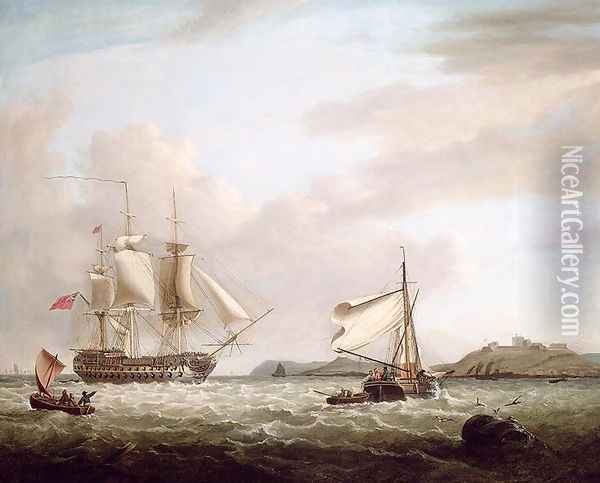 An English Man-of-War off Pendennnis Castle, Falmouth 1801 Oil Painting - George Webster