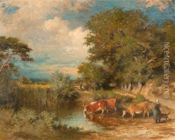 Cows At A Pond Oil Painting - Auguste Boulard Jr.
