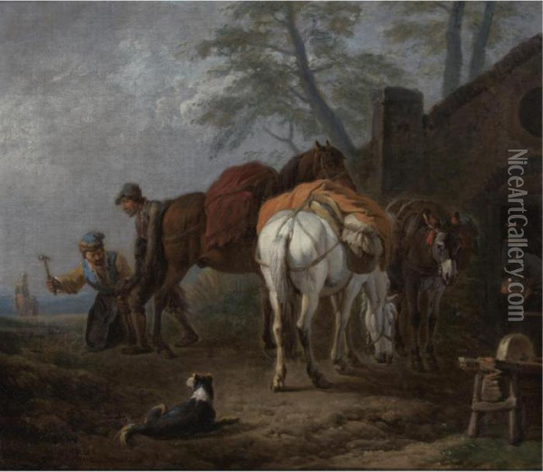At The Blacksmith Oil Painting - Pieter van Bloemen