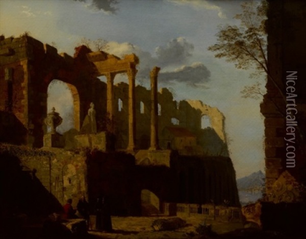 Classical Landscape With Ruins, Figures And Seascape Beyond Oil Painting - Giovanni Migliara