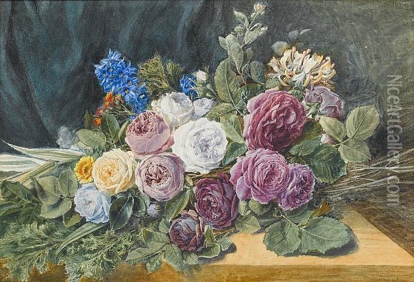 Still Life Of Roses And Other Flowers On A Table; Still Life Of Roses And Other Flowers In A Basket, A Pair Oil Painting - Valentine Bartholomew