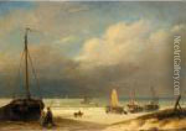 Boats On The Shore Oil Painting - Nicholas Jan Roosenboom