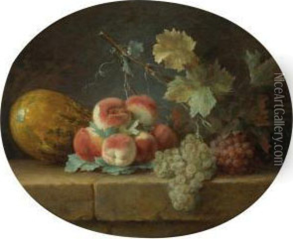Peaches, A Melon And Grapes On A Stone Ledge Oil Painting - Anne Vallayer-Coster