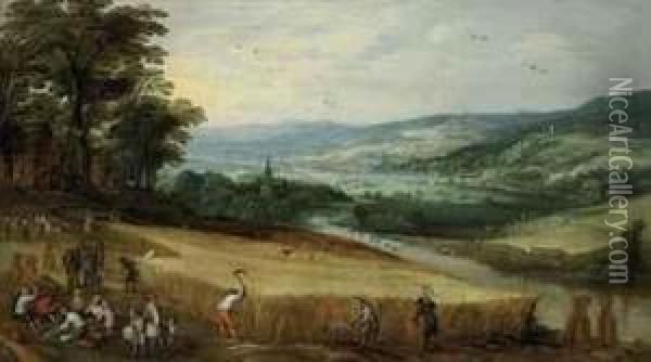 An Extensive Landscape With Harvesters Oil Painting - Joos De Momper