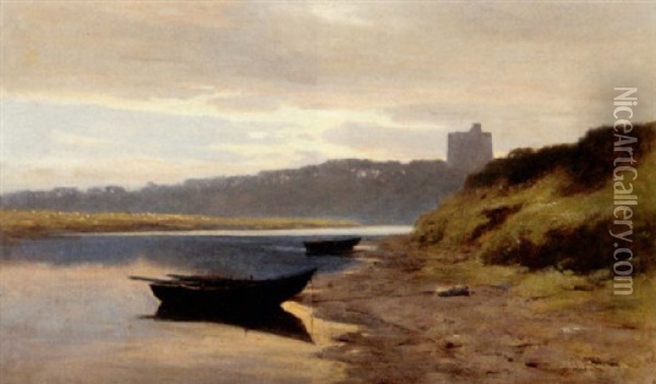 A Quiet River Bed, Norham Castle Oil Painting - George Reid
