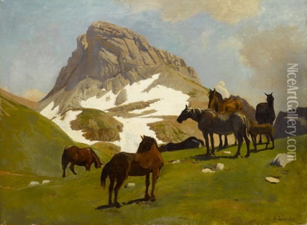 Pferde Vor Einer Gebirgslandschaft Oil Painting - Albert Lugardon