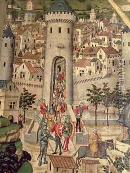 Saint Jordi Altarpiece detail showing the conquest of the City of Majorca by the army of James I 1229 Oil Painting - Pedro Nisart