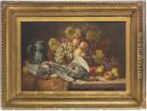 Partridges, A Tankard, Grapes, Peaches, Pears And Apples On A Wooden Ledge Oil Painting - Charles Thomas Bale