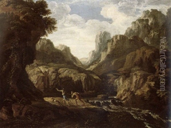 A Mountainous Landscape With Huntsmen And A Hound By A Torrent Oil Painting - Gaspard Dughet