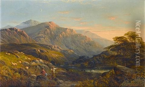 Figures In A Highland Landscape At Sunset Oil Painting - Alfred Glendening Jr.